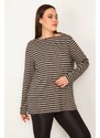 Şans Women's Plus Size Milk Brown Crew Neck Long Sleeve Striped Blouse