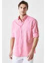 AC&Co / Altınyıldız Classics Men's Fuchsia Comfort Fit Relaxed-Cut Buttoned Collar Casual Linen Shirt.