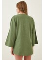 Happiness İstanbul Women's Almond Green Loose Linen Viscose Kimono