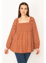 Şans Women's Plus Size Camel Bust Gipe Laced Pointed Patterned Blouse