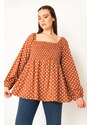 Şans Women's Plus Size Camel Bust Gipe Laced Pointed Patterned Blouse