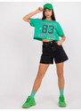 Fashionhunters Krátké zelené tričko s bavlněným potiskem