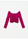 Dilvin 10201 Open Shoulder Gathered Sweater-raspberry
