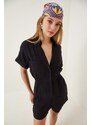 Happiness İstanbul Women's Black Linen Viscose Jumpsuit with Shorts TO0009