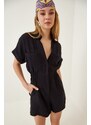 Happiness İstanbul Women's Black Linen Viscose Jumpsuit with Shorts TO0009