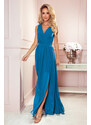 numoco JUSTINE - Světle modré dámské dlouhé šaty s výstřihem a zavazováním 362-4