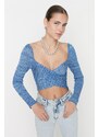 Trendyol Blue Crop Premium Yarn / Special Yarn Sweetheart Knitwear Sweater