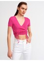 Dilvin 10194 Double-breasted Collar With Gathering in the Front, Knitwear Crop-fuchsia