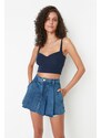 Trendyol Blue Pleated Normal Waist Denim Short Skirt