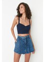 Trendyol Blue Pleated Normal Waist Denim Short Skirt