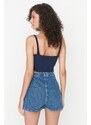 Trendyol Blue Pleated Normal Waist Denim Short Skirt