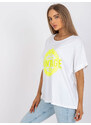 Fashionhunters Bílé a žluté dámské tričko s aplikací a potiskem