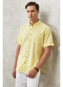 AC&Co / Altınyıldız Classics Men's Light Yellow Comfort Fit Comfy Cut Buttoned Collar Linen-Looking 100% Cotton Short Sleeve Shirt.