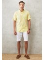 AC&Co / Altınyıldız Classics Men's Light Yellow Comfort Fit Comfy Cut Buttoned Collar Linen-Looking 100% Cotton Short Sleeve Shirt.