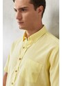 AC&Co / Altınyıldız Classics Men's Light Yellow Comfort Fit Comfy Cut Buttoned Collar Linen-Looking 100% Cotton Short Sleeve Shirt.