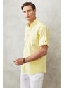 AC&Co / Altınyıldız Classics Men's Light Yellow Comfort Fit Comfy Cut Buttoned Collar Linen-Looking 100% Cotton Short Sleeve Shirt.