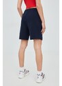 Bavlněné šortky Superdry dámské, tmavomodrá barva, s aplikací, high waist