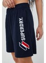 Bavlněné šortky Superdry dámské, tmavomodrá barva, s aplikací, high waist