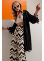 Trend Alaçatı Stili Women's Black Tassel Detailed Knitted Crinkled Kimono