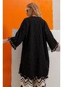 Trend Alaçatı Stili Women's Black Tassel Detailed Knitted Crinkled Kimono