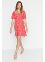 Trendyol Red Floral Skater/Waist Opening Guiped Viscose Mini Woven Dress