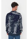 Trendyol Men's Indigo Slim Fit Crew Neck Jacquard Knitwear Sweater