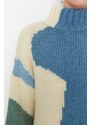 Trendyol modrý měkký texturovaný pletený svetr s barevným blokem