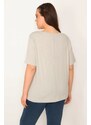 Şans Women's Plus Size Stone Cotton Fabric Front Printed Short Sleeve Blouse