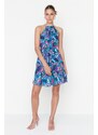 Trendyol modré květinové mini tkané šifonové šaty s podšívkou