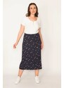 Şans Women's Plus Size Navy Blue Elastic Waist Patterned Skirt