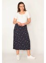 Şans Women's Plus Size Navy Blue Elastic Waist Patterned Skirt