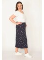 Şans Women's Plus Size Navy Blue Elastic Waist Patterned Skirt