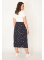 Şans Women's Plus Size Navy Blue Elastic Waist Patterned Skirt