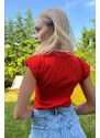 Trend Alaçatı Stili Women's Coral Collar Accessorized Padded Crop Knitted Blouse