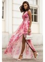 Ivon Růžové květované šifonové maxi šaty s rozparkem Dolores
