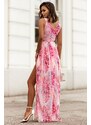 Ivon Růžové květované šifonové maxi šaty s rozparkem Dolores