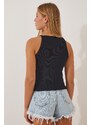 Happiness İstanbul Women's Black Corduroy Crop Halterneck Knitted Singlets