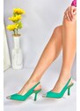 Fox Shoes Women's Green Satin Fabric Heeled Shoes With Stone Detail