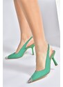 Fox Shoes Women's Green Satin Fabric Heeled Shoes With Stone Detail