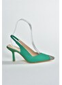 Fox Shoes Women's Green Satin Fabric Heeled Shoes With Stone Detail