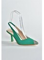 Fox Shoes Women's Green Satin Fabric Heeled Shoes With Stone Detail