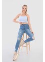 BİKELİFE Blue Laser Patterned High Waist Lycra Denim Pants