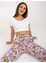 Fashionhunters Bílé a fialové letní kalhoty z látky se vzorem SUBLEBEL