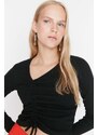 Trendyol Black Shirred Detail Fitted/Sleeping Crop Asymmetrical Collar Ribbed Stretch Knit Blouse