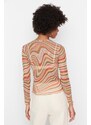 Trendyol Multi-colored Printed Crew Neck Long Sleeve Fitted/Situated Elastic Tulle Knitted Blouse