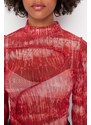 Trendyol Red Patterned Stand-Up Collar Tulle Knitted Blouse