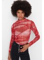 Trendyol Red Patterned Stand-Up Collar Tulle Knitted Blouse