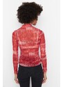 Trendyol Red Patterned Stand-Up Collar Tulle Knitted Blouse
