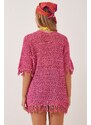 Happiness İstanbul Women's Pink Tasseled Openwork Cardigan