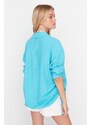 Trendyol Turquoise Pleated Woven Beach Shirt